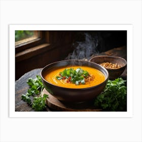 Autumn Pumpkin Curry Soup Steaming In An Earthenware Bowl Vibrant Orange Against Dark Green Lettuc (4) Art Print