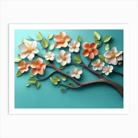 Elegant Colorful 3d Flowers With Leaves On A Tree 1 Art Print