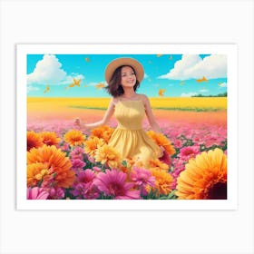 Asian Girl In A Flower Field Art Print