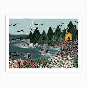 Coastal Log Cabin Landscape Art Print