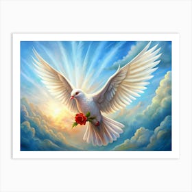 White Dove Carrying A Red Rose In A Sky With Clouds Art Print