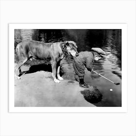 Boy And His Dog, Boy Playing Golf, Vintage Black and White Old Photo Art Print