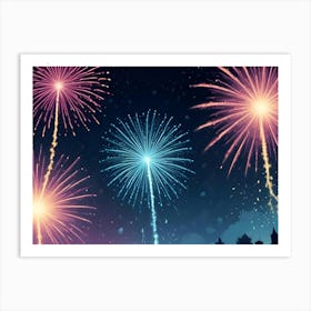 Watercolor Illustration Of Colorful Fireworks Exploding In The Night Sky Art Print