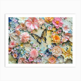 Paper Flowers And Butterflies Art Print