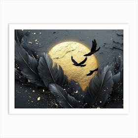 3d Dark Gray, Golden And Black Feathers With The Moon Art Print