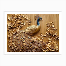 Golden 3d Peacock on Wooden Circle Art Print