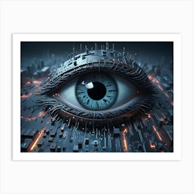 Realistic Human Eye With Eyelashes On Top Of A Circuit Board With Glowing Lights Art Print