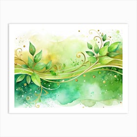 Watercolor Floral Background With Green Leaves And Golden Vines Art Print