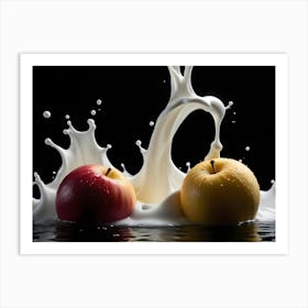 Two Red And Yellow Apples Partially Submerged In A Milk Splash, Creating A Dramatic And Dynamic Scene Art Print