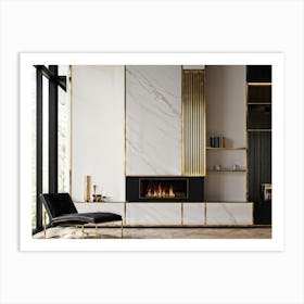 Geometric Fireplace Adorned With Lustrous Black And Brass Accents Brass Shelves Hosting Minimal Dec Art Print