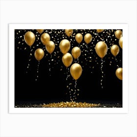 Photo Of Golden Balloons And Confetti On A Black Background Art Print