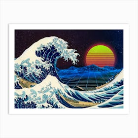 Synthwave Space: The Great Wave off Kanagawa (Katsushika Hokusai) — aesthetic poster, retrowave poster, neon poster Art Print