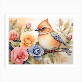 Whimsical Charm Cute Bird With Roses Art Print