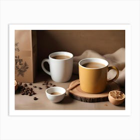 Two Cups Of Coffee, One Yellow And One White, On A Wooden Table Art Print