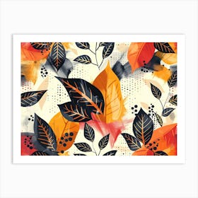 Abstract Autumn Leaves Pattern With Orange Red And Black Leaves On A Cream Background Art Print