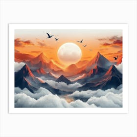 Golden Mountain 3d Birds, Moon And Clouds Art Print