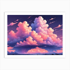 Large, Fluffy Pink And Purple Clouds Gather Above A Silhouetted Landscape At Sunset Art Print