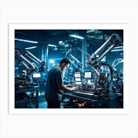 An Artificial Intelligence Engineer Immersed In A High Tech Manufacturing Factory Examining The Com Art Print