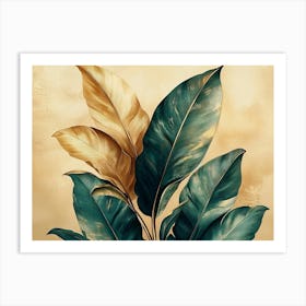 Vintage Tropical Green Brown Leaves, Beige Background, Golden Texture 2 Art Print