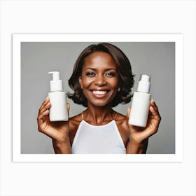 Black Woman Holding Two Bottles Of Skin Care Products Art Print