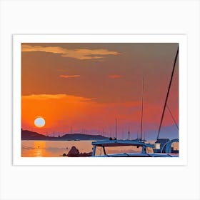 Sunset Harbor in Var Riviera. A picturesque scene of a harbor at sunset, with several sailboats docked along a rocky pier. The sky is ablaze with vibrant orange and red hues, with the sun partially obscured by clouds on the horizon. The water reflects the warm colors of the sky, creating a serene and tranquil atmosphere. The sailboats are silhouetted against the sunset, their masts reaching towards the sky. 2 Art Print