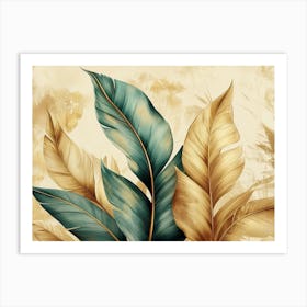 Tropical Green, Brown Gold Leaves and Blue Feathers Art Print