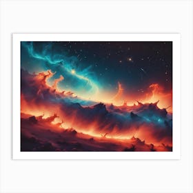 Surreal Landscape With Rocky Formations And Glowing, Ethereal Clouds Against A Starry Night Sky Art Print