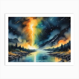 Watercolor Painting Of A Lightning Storm Over A Mountain Lake, With Vibrant Colors And A Dramatic Sky Art Print