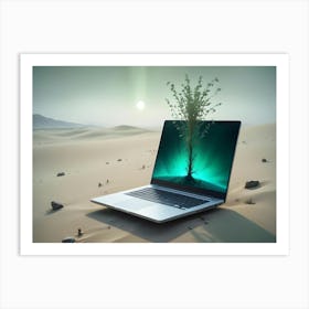 Laptop On Desert Sand With A Glowing Green Tree Emerging From It, Sun In The Background Art Print