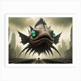 A Giant, Stylized Fish With Sharp Fins And Glowing Green Eyes Hovers Over A Cityscape, Creating A Sense Of Wonder, Fear, And A Surreal, Fantastical World Art Print