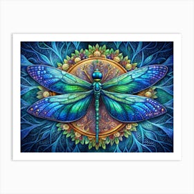 Colorful Dragonfly With Ornamental Background Art Print