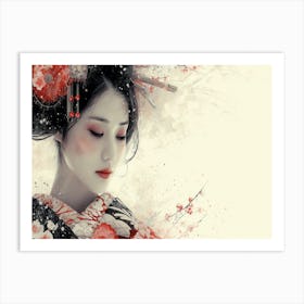 Geisha Grace: Elegance in Burgundy and Grey. Geisha Art Print