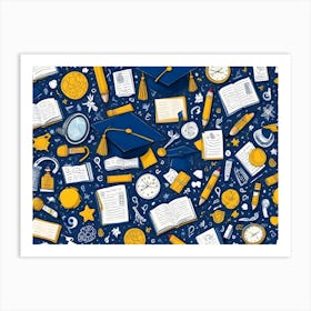 A Seamless Pattern Featuring Doodle Style Illustrations Related To Education, Learning, And School Supplies On A Dark Blue Background Art Print