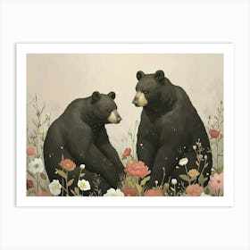 Floral Animal Illustration Black Bear 2 Art Print