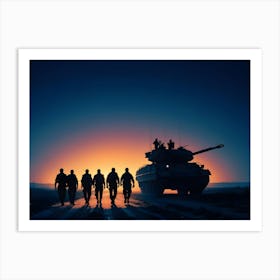 Silhouettes Of Soldiers Walking Towards The Sunrise With A Tank In The Background Art Print