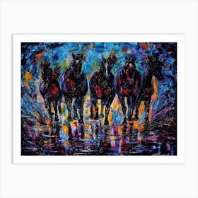 Contemporary Palette Knife Art: Wild Horses in Motion Art Print