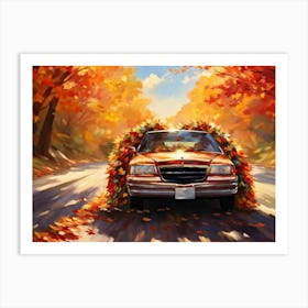 Autumnal Landscape Autumnal Leaves Cascading Down As A Car Adorned With Holiday Wreaths And Ribbon (3) Art Print