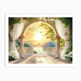 3d Beautiful View Of Landscape Background From The Old Arches, Tree, Sun, Water and Birds Art Print