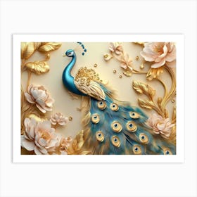 3d Artwork Peacock Illustration Background with Golden Jewelry and Flowers 2 Art Print