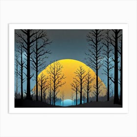 Forest, sunset,   Forest bathed in the warm glow of the setting sun, forest sunset illustration, forest at sunset, sunset forest vector art, sunset, forest painting,dark forest, landscape painting, nature vector art, Forest Sunset art, trees, pines, spruces, and firs, black, blue and yellow Art Print