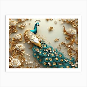 3d peacock art with golden jewelry and flowers Art Print