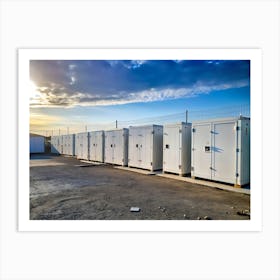 Row Of White Metal Storage Containers Lined Up Outdoors On A Construction Site Art Print