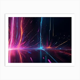 Abstract Background With Streaks Of Blue, Pink, And Orange Light Bursting From A Central Point, Creating A Dynamic And Energetic Effect On A Dark, Reflective Surface 1 Art Print