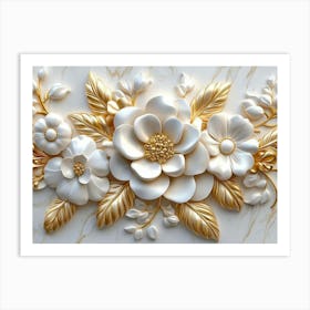 3d Floral Elegance Seamless Gold And White Ceramic Marble Texture 1 Art Print