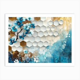 Abstract White Lattice Tiles, Turquoise Tree, And Dynamic Blue Hexagons On A Floral Painting Art Print