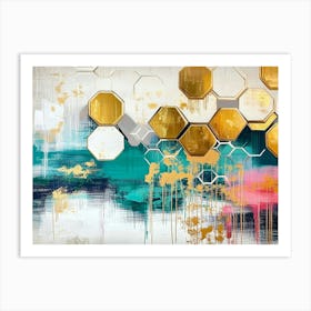 Rich Oil on Canvas with Abstract Golden Hexagons and Splashes of Turquoise Art Print