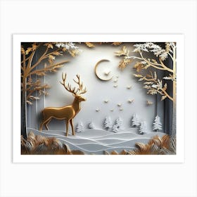 3d Modern Stereo Stag Deer Animal With Forest 3 Art Print