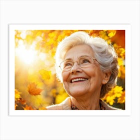 Elderly Woman Radiating Joy Amidst Crisp Autumn Leaves Close Up Orange Yellow Foliage Surrounding (2) Art Print