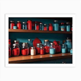 A Still Life Arrangement Of Red And Blue Jars And Bottles On A Wooden Shelf, Creating A Minimalist And Colorful Display Art Print