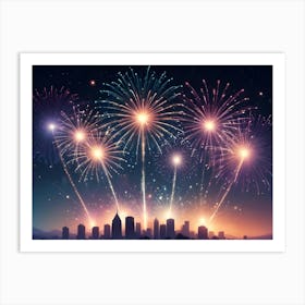 An Image Of A Cityscape Silhouette Against A Night Sky With Multiple Fireworks Exploding In Colorful Bursts Art Print